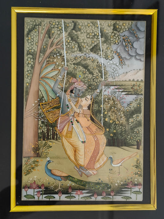 Radha Krishna Jhula Marble Plate Painting – Traditional Handcrafted Miniature Art