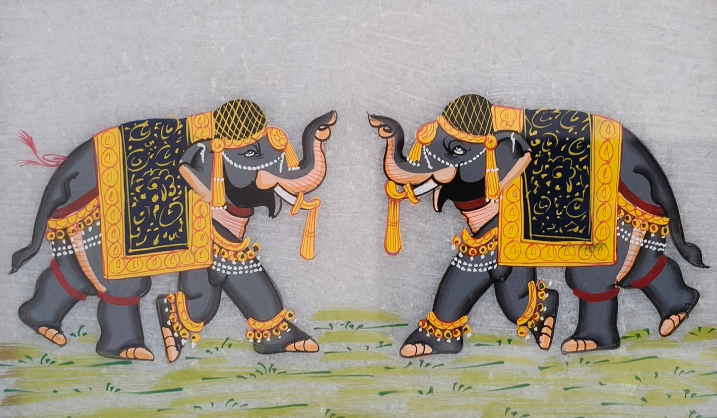 Royal Elephant Pair Marble Plate Painting – Handcrafted Rajasthani Miniature Wall Art