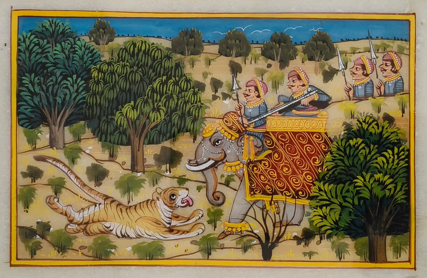 Royal Elephant and Tiger Encounter Marble Plate Painting – Handcrafted Heritage Artwork