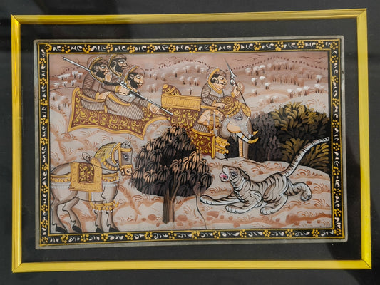 Vintage Royal Hunting Scene Marble Plate Painting – Traditional Indian Miniature Art