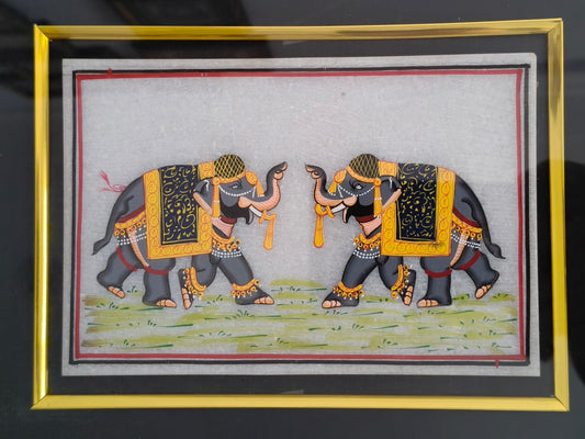 Royal Elephant Pair Marble Plate Painting – Handcrafted Rajasthani Miniature Wall Art