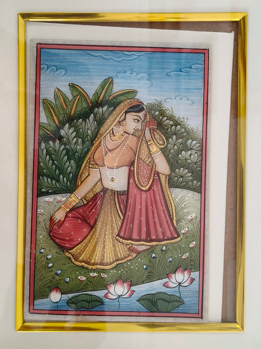 Graceful Lady with Lotus Marble Plate Painting – Handcrafted Rajasthani Miniature Wall Art