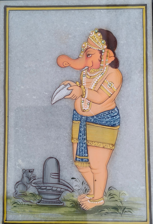 Lord Ganesha Marble Plate Painting – Handcrafted Traditional Miniature Art