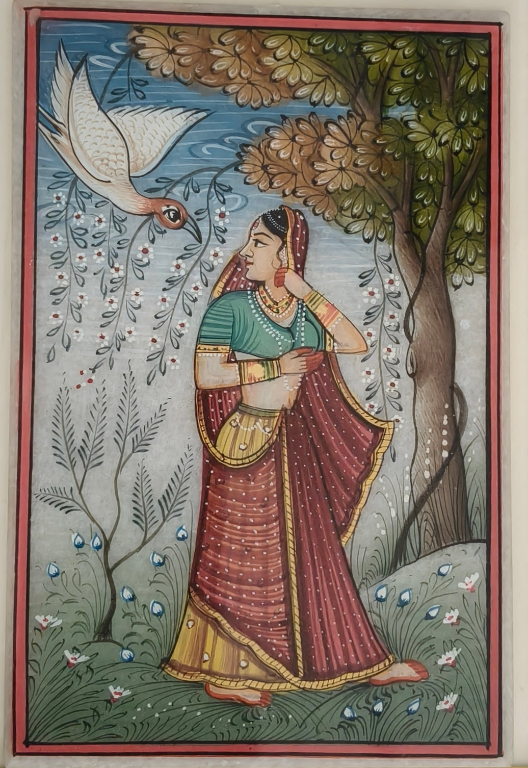 Lady with Swan Marble Plate Painting – Traditional Indian Miniature Artwork