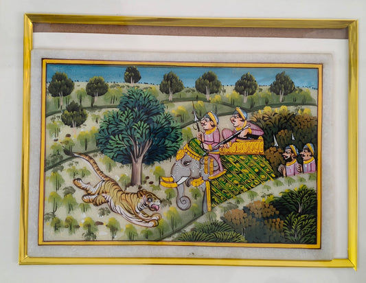 Royal Tiger Safari Marble Plate Painting – Handcrafted Rajasthani Miniature Wall Décor