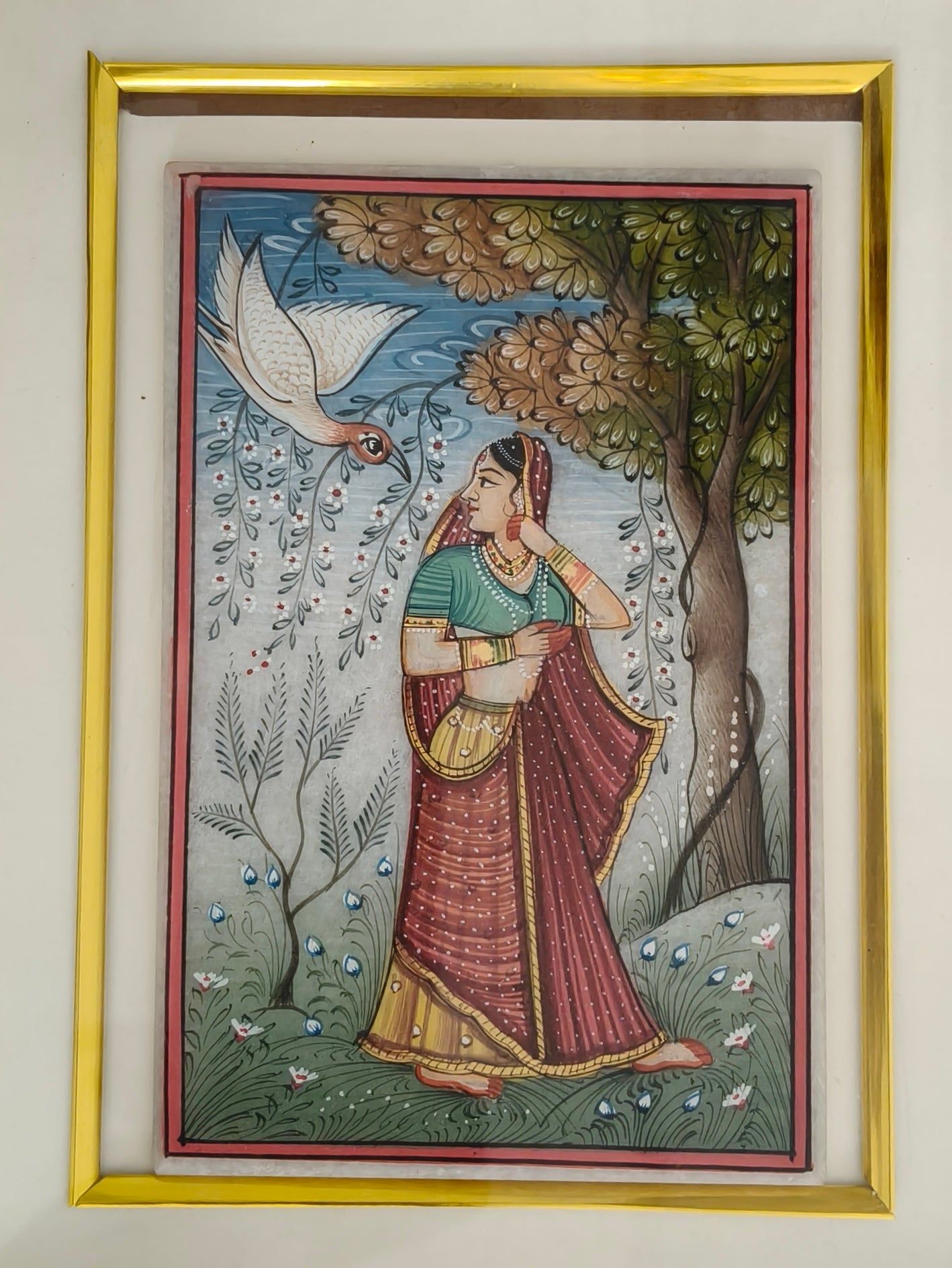 Lady with Swan Marble Plate Painting – Traditional Indian Miniature Artwork