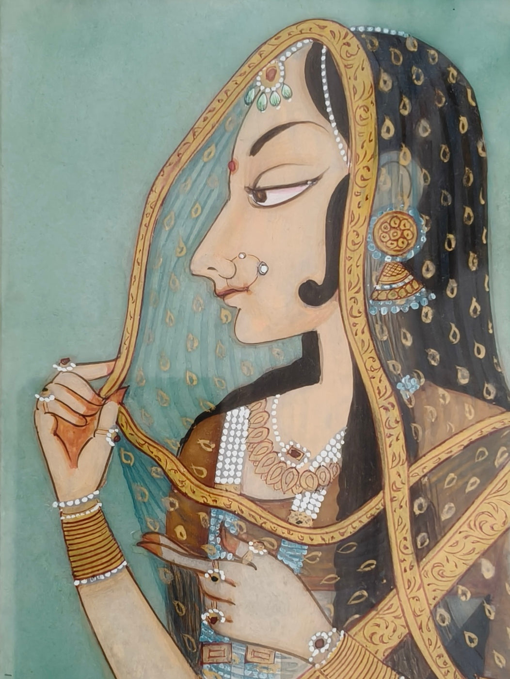 Traditional Rajasthani Lady Marble Plate Painting – Elegant Miniature Portrait