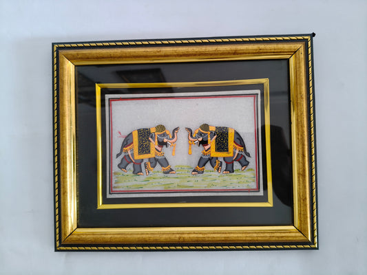 Royal Elephant Pair Marble Plate Painting – Handcrafted Rajasthani Miniature Wall Art