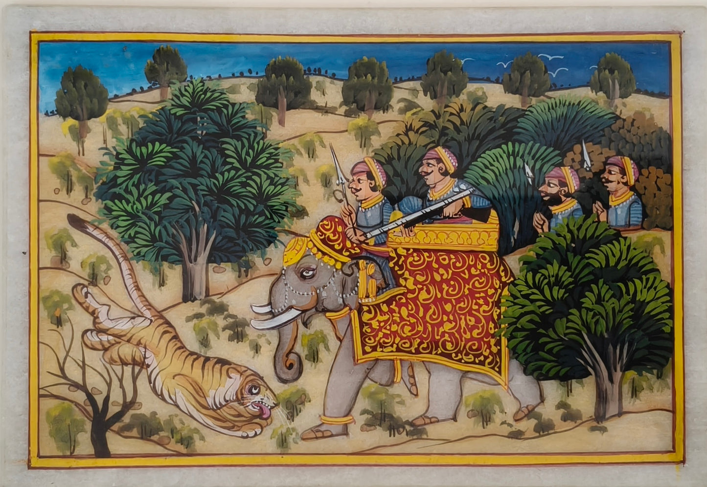 Royal Tiger Hunt Marble Plate Painting – Handcrafted Heritage Miniature Wall Art