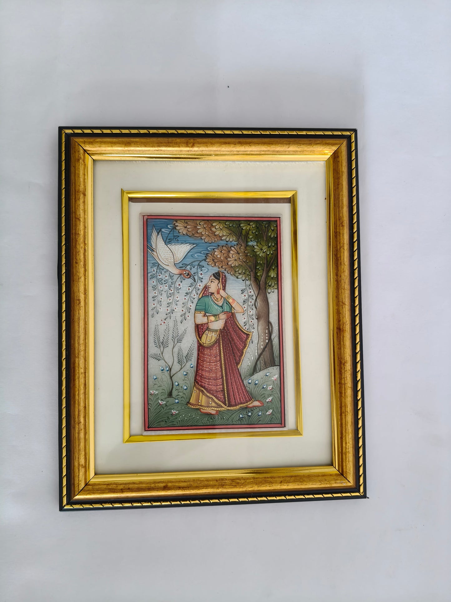 Lady with Swan Marble Plate Painting – Traditional Indian Miniature Artwork