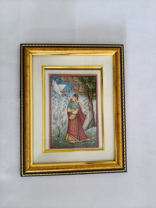 Lady with Swan Marble Plate Painting – Traditional Indian Miniature Artwork