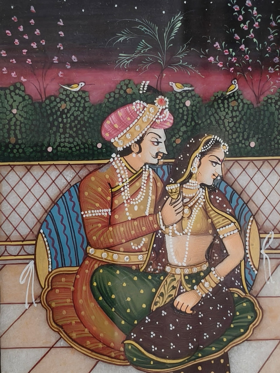 Romantic Royal Couple Marble Plate Painting – Traditional Indian Miniature Art