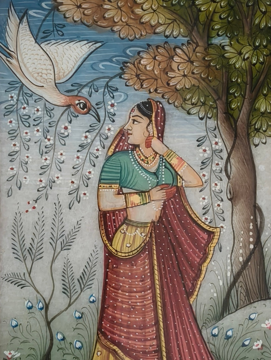 Lady with Swan Marble Plate Painting – Traditional Indian Miniature Artwork