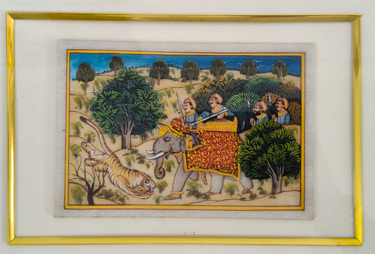 Royal Tiger Hunt Marble Plate Painting – Handcrafted Heritage Miniature Wall Art