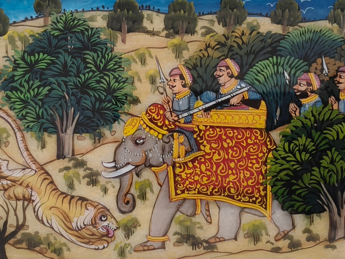 Royal Tiger Hunt Marble Plate Painting – Handcrafted Heritage Miniature Wall Art