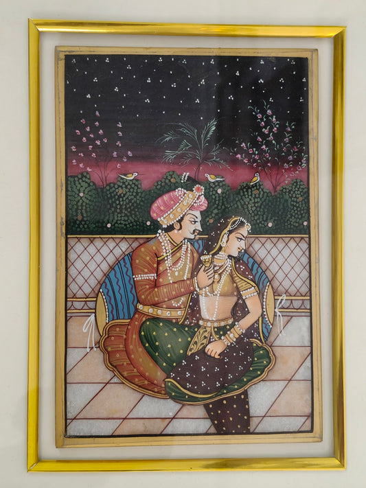 Romantic Royal Couple Marble Plate Painting – Traditional Indian Miniature Art