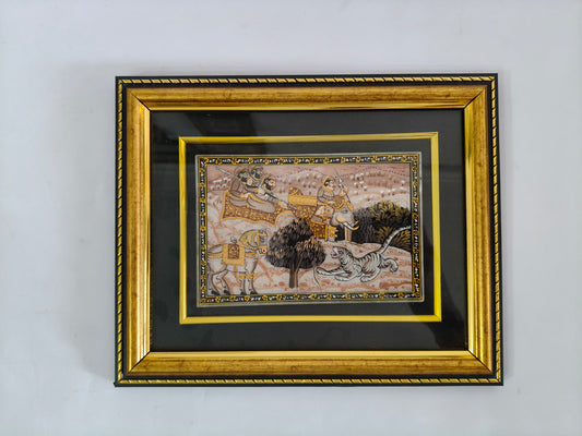 Vintage Royal Hunting Scene Marble Plate Painting – Traditional Indian Miniature Art