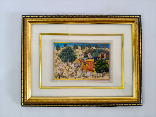 Royal Tiger Hunt Marble Plate Painting – Handcrafted Heritage Miniature Wall Art