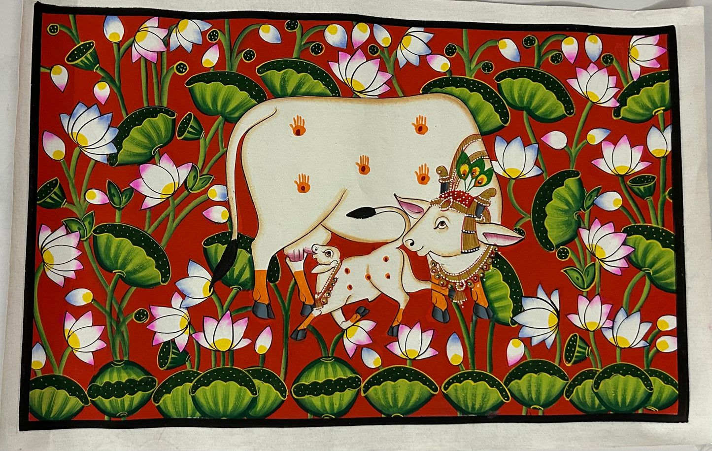 Sacred Cow & Calf – Traditional Lotus Garden Painting