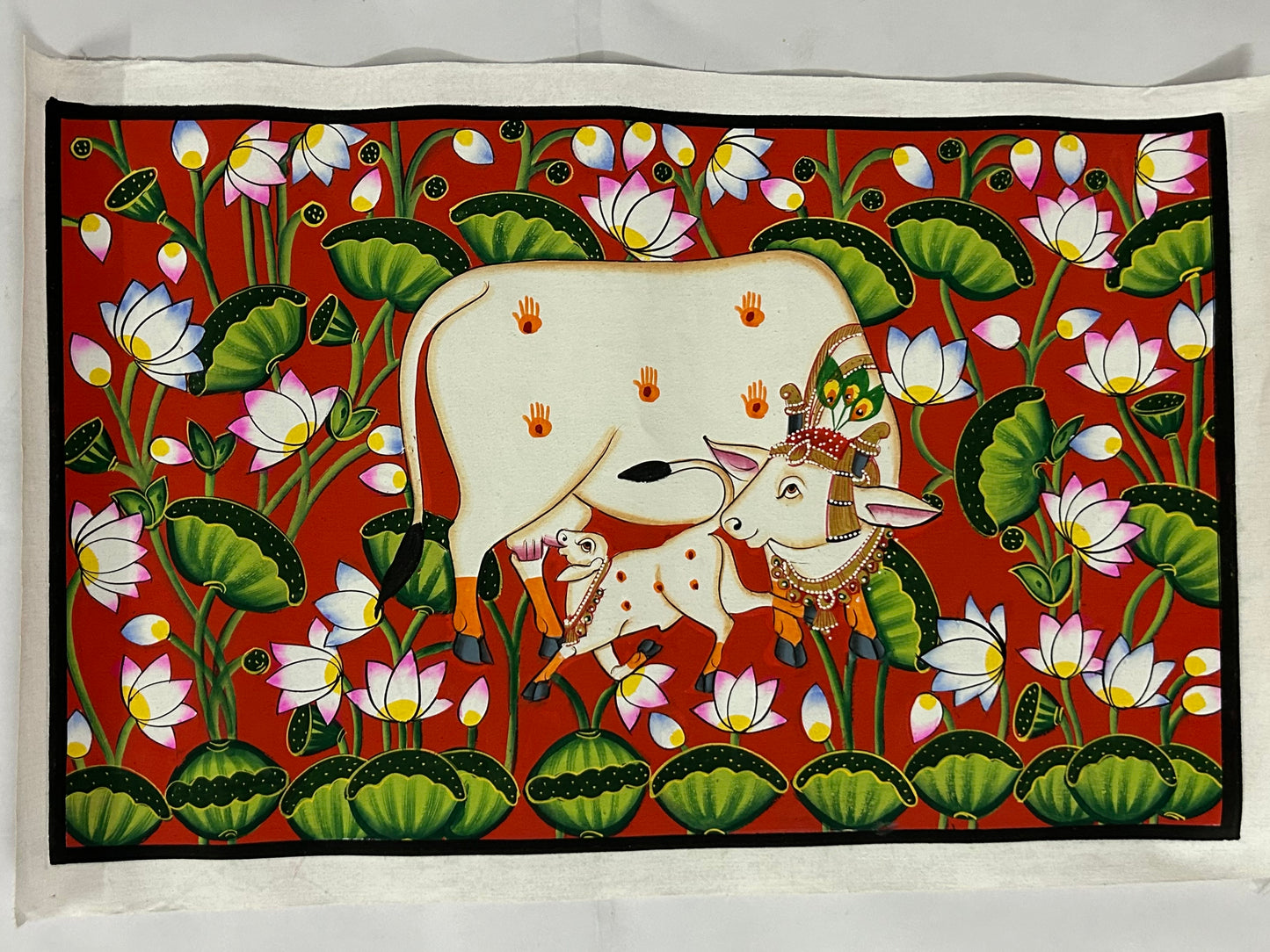 Sacred Cow & Calf – Traditional Lotus Garden Painting