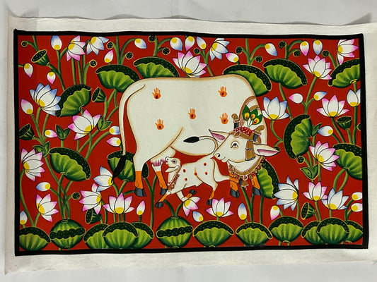 Sacred Cow & Calf – Traditional Lotus Garden Painting