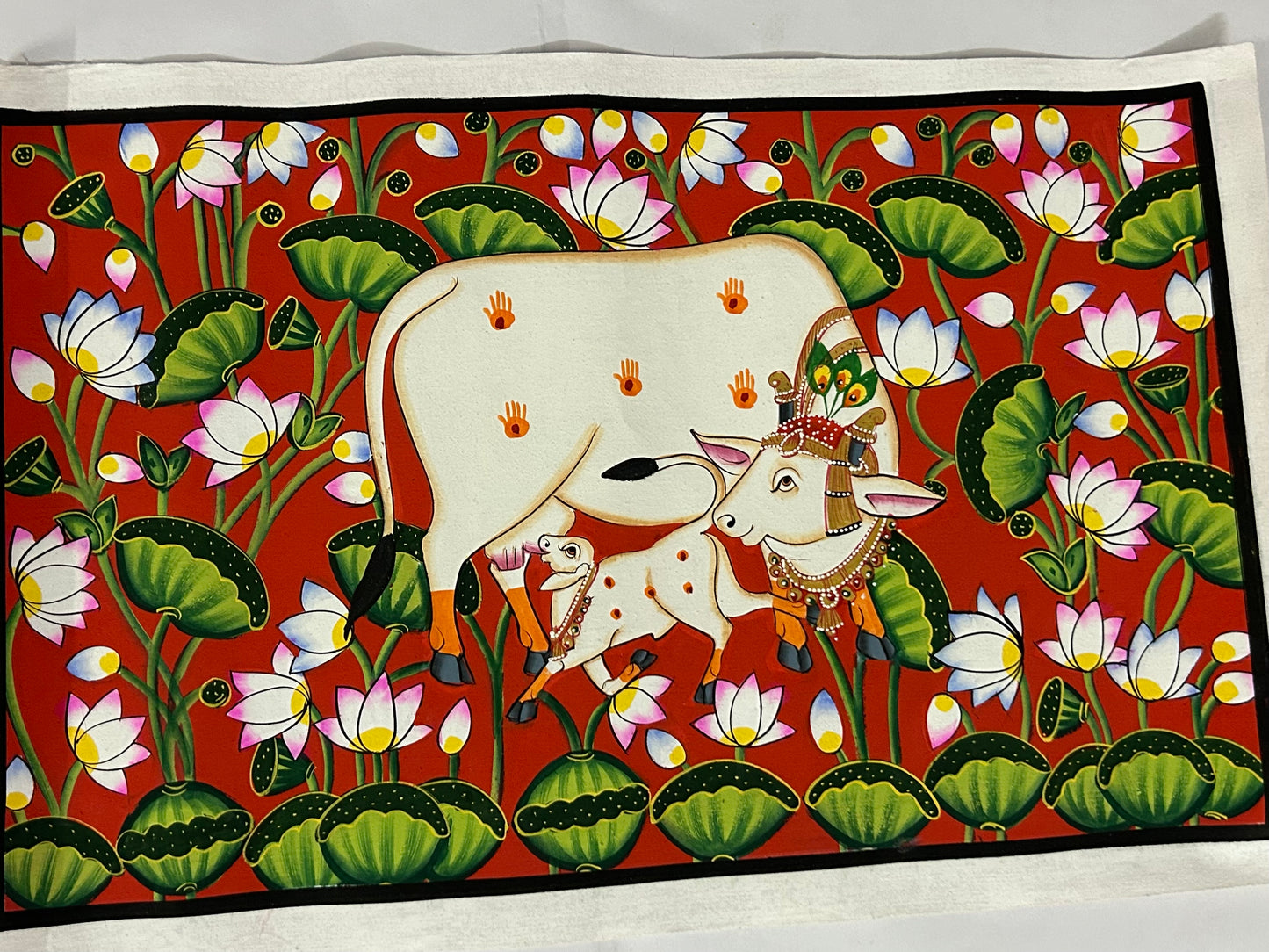 Sacred Cow & Calf – Traditional Lotus Garden Painting
