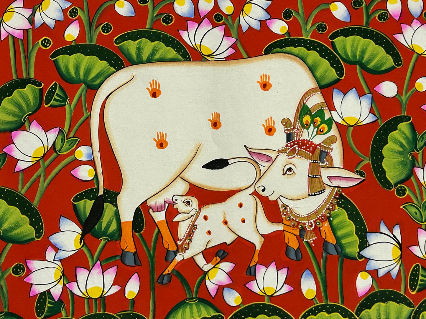 Sacred Cow & Calf – Traditional Lotus Garden Painting