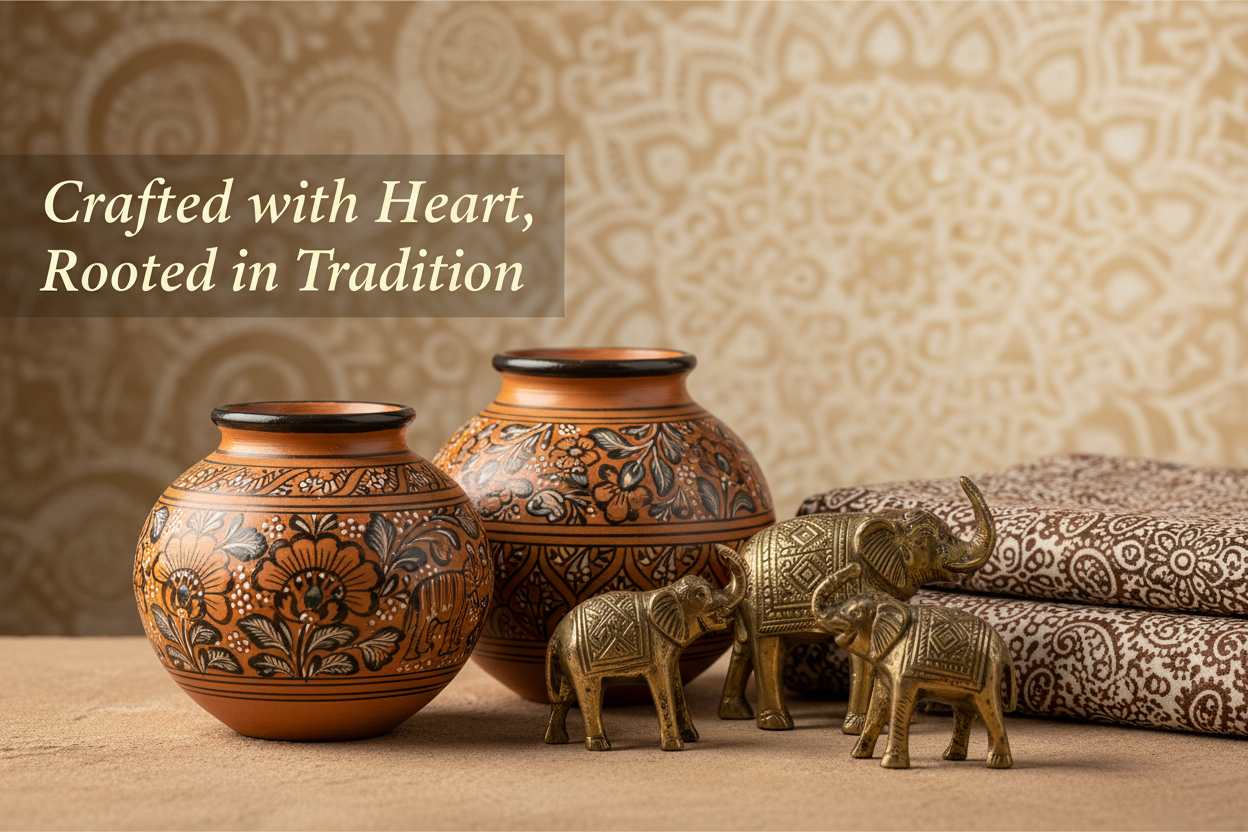 create a Hero banner for Handicraft brand from Rajasthan where product are Crafted with Heart, Rooted in Tradition