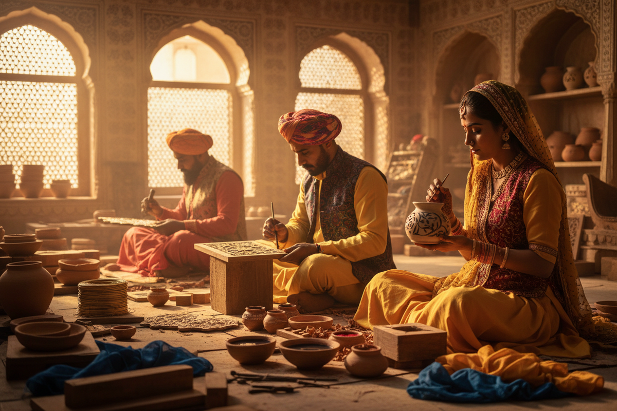 create oustanding image where handicraft items are being developed by local vendors from Rajasthan
